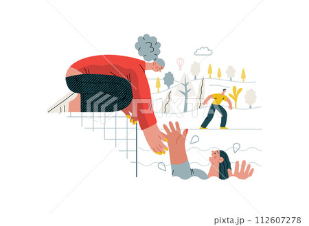 Mutual Support: Save a drowning person -modern flat vector concept illustration of woman reaching out to drowning woman A metaphor of voluntary, collaborative exchanges of resource, services 112607278