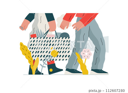 Mutual Support: Helping carry a heavy bag -modern flat vector concept illustration of a woman carrying shopping bag being assisted by man. Metaphor of voluntary, collaborative exchanges of services 112607280