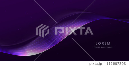 Abstract purple wave lines glowing on dark purple background with copy space for text. Luxury design style. Abstract purple wave lines glowing on dark purple background with copy space for text. Luxury design style. 112607298