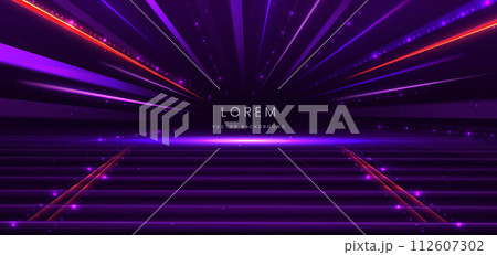 Elegant scene purple glowing motion lighting effect sparkle on dark purple background. Elegant scene purple glowing motion lighting effect sparkle on dark purple background. 112607302