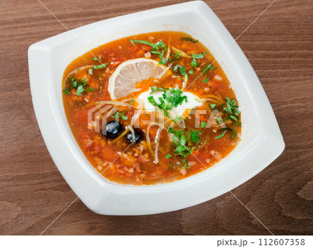 thick soup of vegetables and meat - solanka 112607358