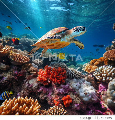 Coral reef many fishes sea turtle Coral reef many fishes sea turtle 112607569