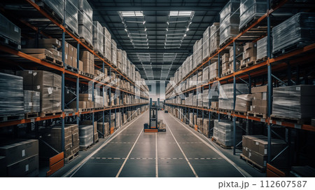 Warehouse with high shelves Warehouse with high shelves 112607587