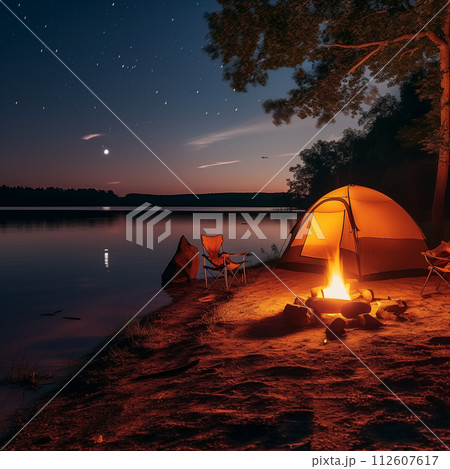 Camping tent river coast night 112607617