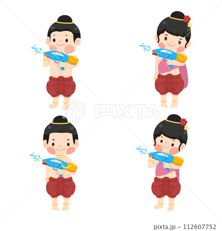 Kids holding water gun and smile in Thai traditional dress set 112607752