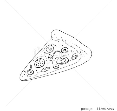 Hand-drawn pizza slice. Pizza with salami, tomato, olives, basil leaf, and melted cheese. Fast food isolated illustration. 112607893