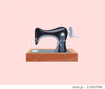 Vintage hand sewing machine sketch. Flat color vector illustration of tailor equipment in cartoon style. Isolated illustration. 112607896