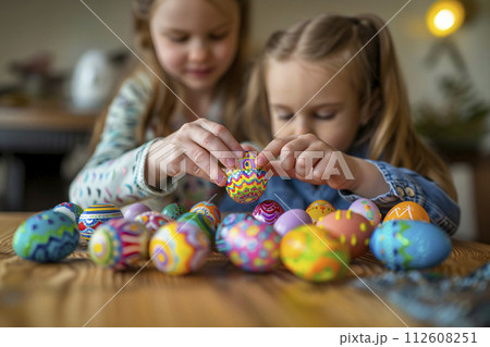 AI-generated content. Two toddlers are having fun decorating Easter eggs indoors AI-generated content. Two toddlers are having fun decorating Easter eggs indoors 112608251