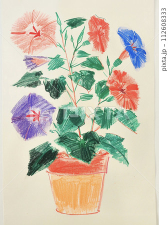 子どもの絵　植物 子どもが描いた鉢植えの朝顔の絵 AI画像のイラスト素材