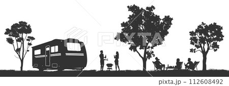 Outdoor party isolated silhouette. Young people bbq scene. Vacation background with barbecue and camping trailer. Friends grilled meat. Summer weekend poster Outdoor party isolated silhouette. Young people bbq scene. Vacation background with barbecue and camping trailer. Friends grilled meat. Summer weekend poster 112608492