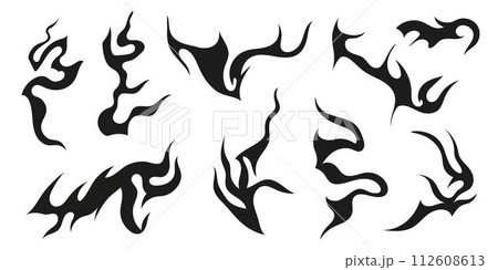 Vector set of y2k style design elements, scars, fire flames, cracks, tattoos. Neo tribal illustrations. Vector set of y2k style design elements, scars, fire flames, cracks, tattoos. Neo tribal illustrations. 112608613