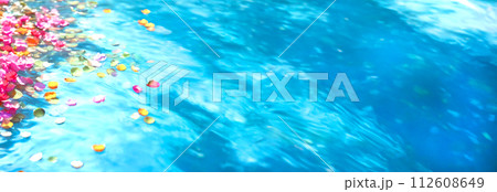 青い水と鮮やかな花々のコピースペース背景　「AI生成画像」 112608649