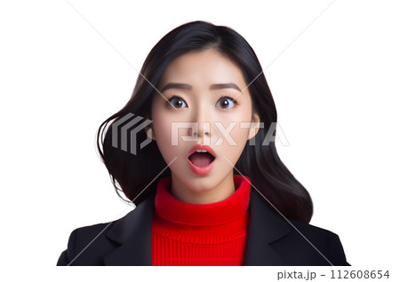 口を開けて驚いた顔をしているアジア人女性イラスト　背景透明　「AI生成画像」 112608654