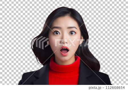 口を開けて驚いた顔をしているアジア人女性イラスト　背景透明　「AI生成画像」 112608654