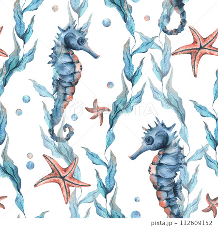 Underwater world clipart with sea animals seahorse, starfish, bubbles and algae. Hand drawn watercolor illustration. Seamless pattern on a white background. Underwater world clipart with sea animals seahorse, starfish, bubbles and algae. Hand drawn watercolor illustration. Seamless pattern on a white background. 112609152