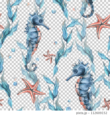 Underwater world clipart with sea animals seahorse, starfish, bubbles and algae. Hand drawn watercolor illustration. Seamless pattern on a white background. Underwater world clipart with sea animals seahorse, starfish, bubbles and algae. Hand drawn watercolor illustration. Seamless pattern on a white background. 112609152
