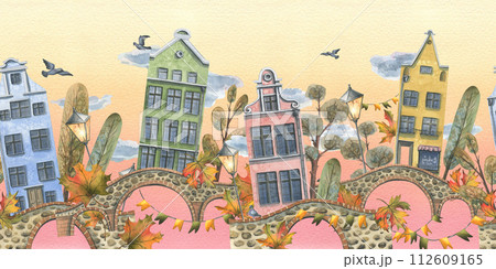 Ancient European houses are colorful, with autumn trees and leaves, stone bridges and lanterns. Hand drawn watercolor illustration. Seamless border ion a sky background Ancient European houses are colorful, with autumn trees and leaves, stone bridges and lanterns. Hand drawn watercolor illustration. Seamless border ion a sky background 112609165