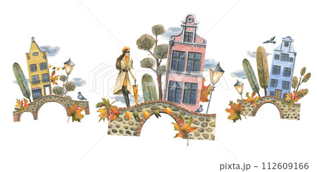 Ancient European houses are colorful, with autumn trees and leaves, with a girl in a raincoat with an umbrella. Hand drawn watercolor illustration. Set of elements is isolated from the background Ancient European houses are colorful, with autumn trees and leaves, with a girl in a raincoat with an umbrella. Hand drawn watercolor illustration. Set of elements is isolated from the background 112609166
