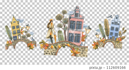 Ancient European houses are colorful, with autumn trees and leaves, with a girl in a raincoat with an umbrella. Hand drawn watercolor illustration. Set of elements is isolated from the background Ancient European houses are colorful, with autumn trees and leaves, with a girl in a raincoat with an umbrella. Hand drawn watercolor illustration. Set of elements is isolated from the background 112609166