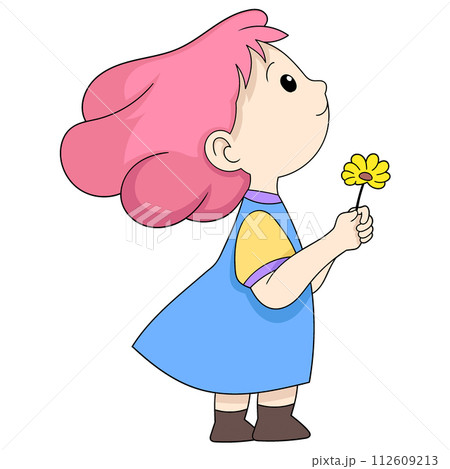 cartoon doodle illustration of women's activities, a girl who loves nature is standing daydreaming and holding sunflowers 112609213