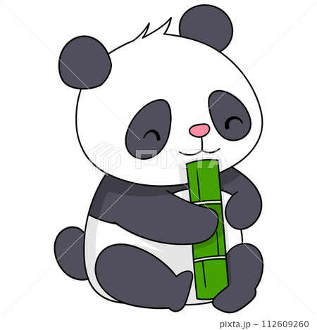 cute cartoon animal doodle illustration, cute panda cub sitting playing eating bamboo 112609260