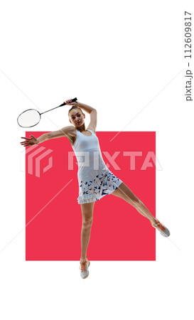 Dynamic image of motivated athlete in motion, young woman playing badminton isolated over white background with red element. 112609817