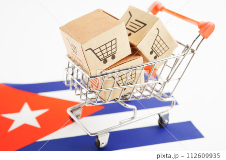 Online shopping, Shopping cart box on Cuba flag, import export, finance commerce. 112609935