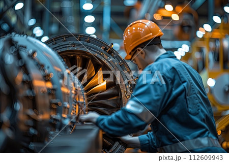 view from the back of aircraft maintenance technician working on turbine 112609943