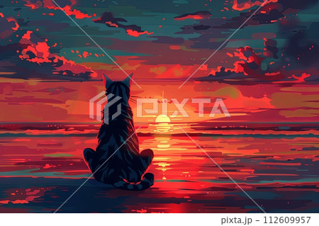 A cat practicing yoga on the beach at sunset illustration 112609957