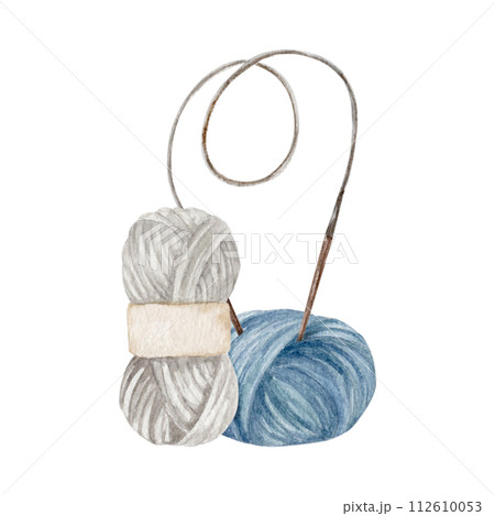 Knitting yarns with circular wooden needles, watercolor illustration, hand draw 112610053