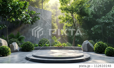 Luxury blank podium for your pruduct Surrounded by green tree. Green background concept. sustainable concept. 112610148