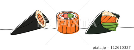Sushi rolls set. Japanese cuisine, traditional food one line drawing. Sake hand roll, sake temaki, philadelphia sushi continuous one line illustration 112610327
