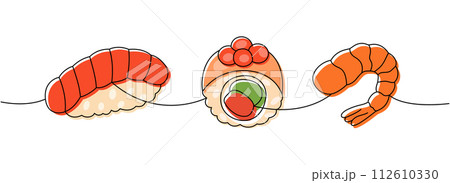 Sushi rolls. Japanese cuisine, traditional food one line drawing. Sake nigiri sushi, futomaki, philadelphia roll, fresh shrimp one line illustration. 112610330