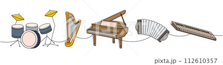 Classical musical instruments. Drum kit, lyre, wooden harp, grand piano, accordion, synthesizer piano continuous one line illustration. 112610357