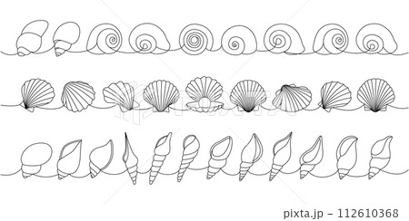 Underwater shells set. Sea shells, mollusks, scallop, pearls. Tropical underwater shells continuous one line illustration. 112610368