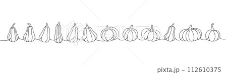 Pumpkins set. Pumpkins one line continuous drawing. Autumn halloween vegetables continuous one line illustration. Vector minimalist illustration. Pumpkins set. Pumpkins one line continuous drawing. Autumn halloween vegetables continuous one line illustration. Vector minimalist illustration. 112610375