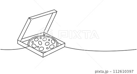 Pizza with ingredients in a box one line continuous drawing. Traditional italian fast food continuous one line illustration. 112610397