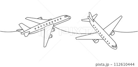 Airplane set. Passenger airplanes one line continuous drawing. Different air transport continuous one line illustration. Vector illustration 112610444