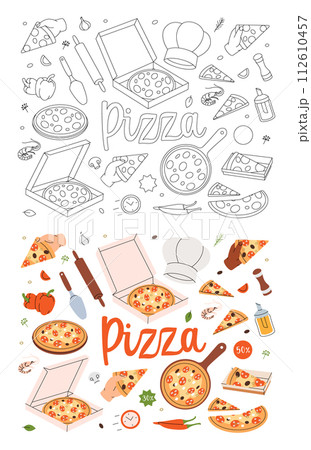 Pizza set. Whole and pieces italian pizza. Restaurant cafe menu. Italian cuisine, traditional food. Vector illustration. 112610457