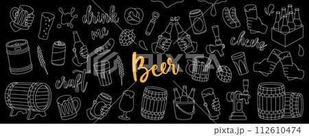 Beer pub outline set. Barrels, cans, mugs, metal keg, bottle opener, sausages, tap, hop cone. Brewery factory production. Vector illustration. 112610474