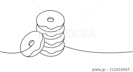 Delicious doughnuts one line continuous drawing. Bakery sweet pastry food. Vector linear illustration. Delicious doughnuts one line continuous drawing. Bakery sweet pastry food. Vector linear illustration. 112610487