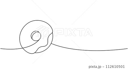 Donut with icing one line continuous drawing. Bakery sweet pastry food. Vector linear illustration. Donut with icing one line continuous drawing. Bakery sweet pastry food. Vector linear illustration. 112610501
