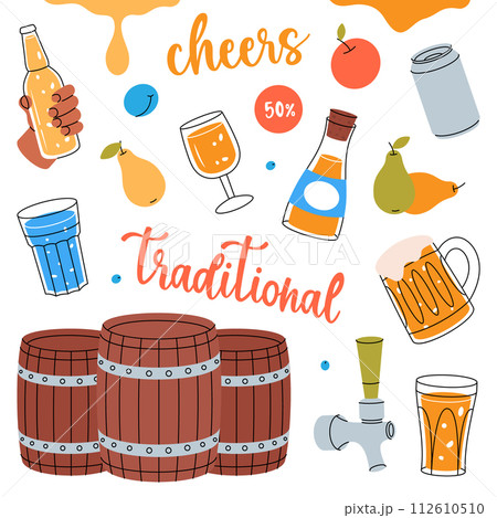 Fruit cider set. Wooden barrels, cans, glasses, mugs, tap, fruits. Hand drawn craft fruit beer collection. Cider process production. Fruit cider set. Wooden barrels, cans, glasses, mugs, tap, fruits. Hand drawn craft fruit beer collection. Cider process production. 112610510