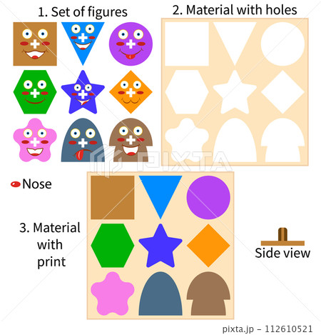 Wooden toys puzzles. Drawings of simple geometric figures. Wooden toys puzzles. Drawings of simple geometric figures. 112610521