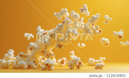 Close up of popcorn flying on yellow background 112610801