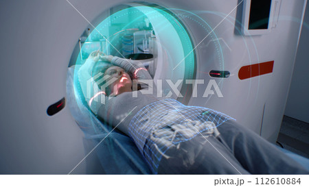 VFX animation of scanning brain and body of female patient 112610884