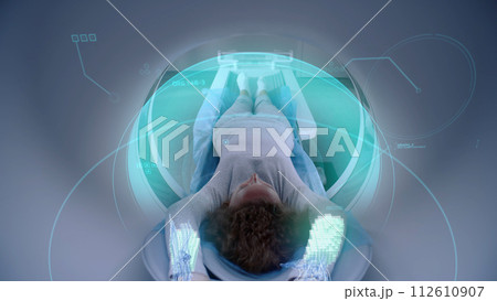 Visual effects of MRI or CT scanning female patient brain and body 112610907