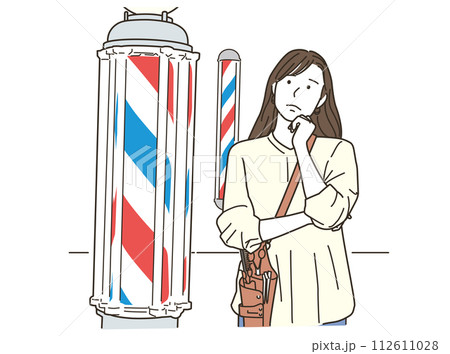 理容室のサインポールの前で悩む女性理容師 理容室のサインポールの前で悩む女性理容師 112611028