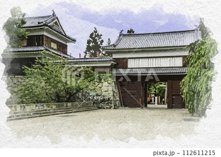 水彩画風　上田城　東虎口櫓門　長野県上田市 112611215