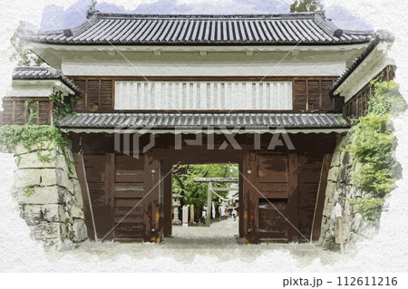水彩画風　上田城　東虎口櫓門　長野県上田市 112611216